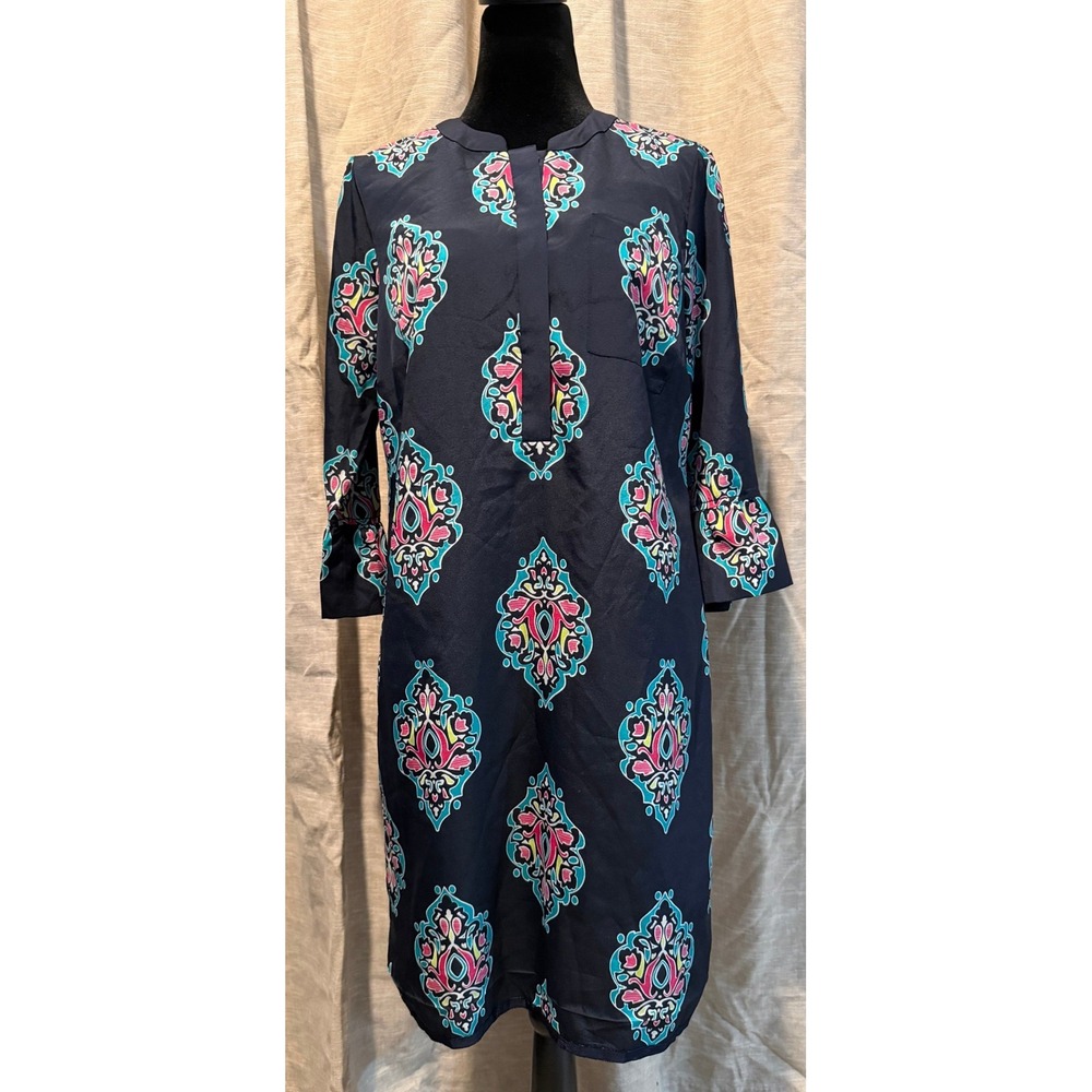 Crown & Ivy Women Navy Blue Medallion Print Ruffle Cuff Shift Dress Size 8